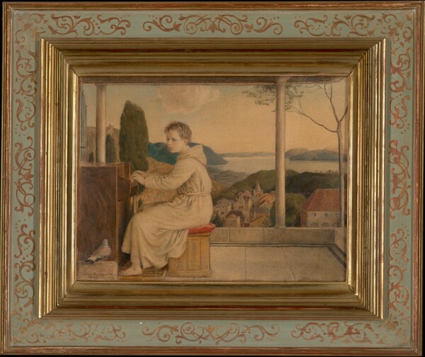 Petit joueur d'orgue devant un paysage